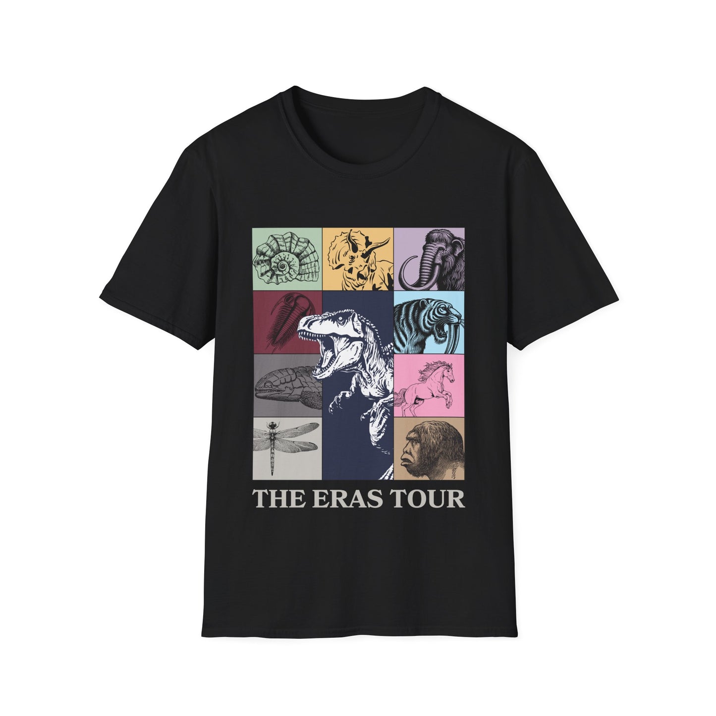 Geological Eras Tour Unisex Softstyle T-Shirt, Gift for Geologist Biologist Science Lover, Life Through Time Design, Dinosaur Tee