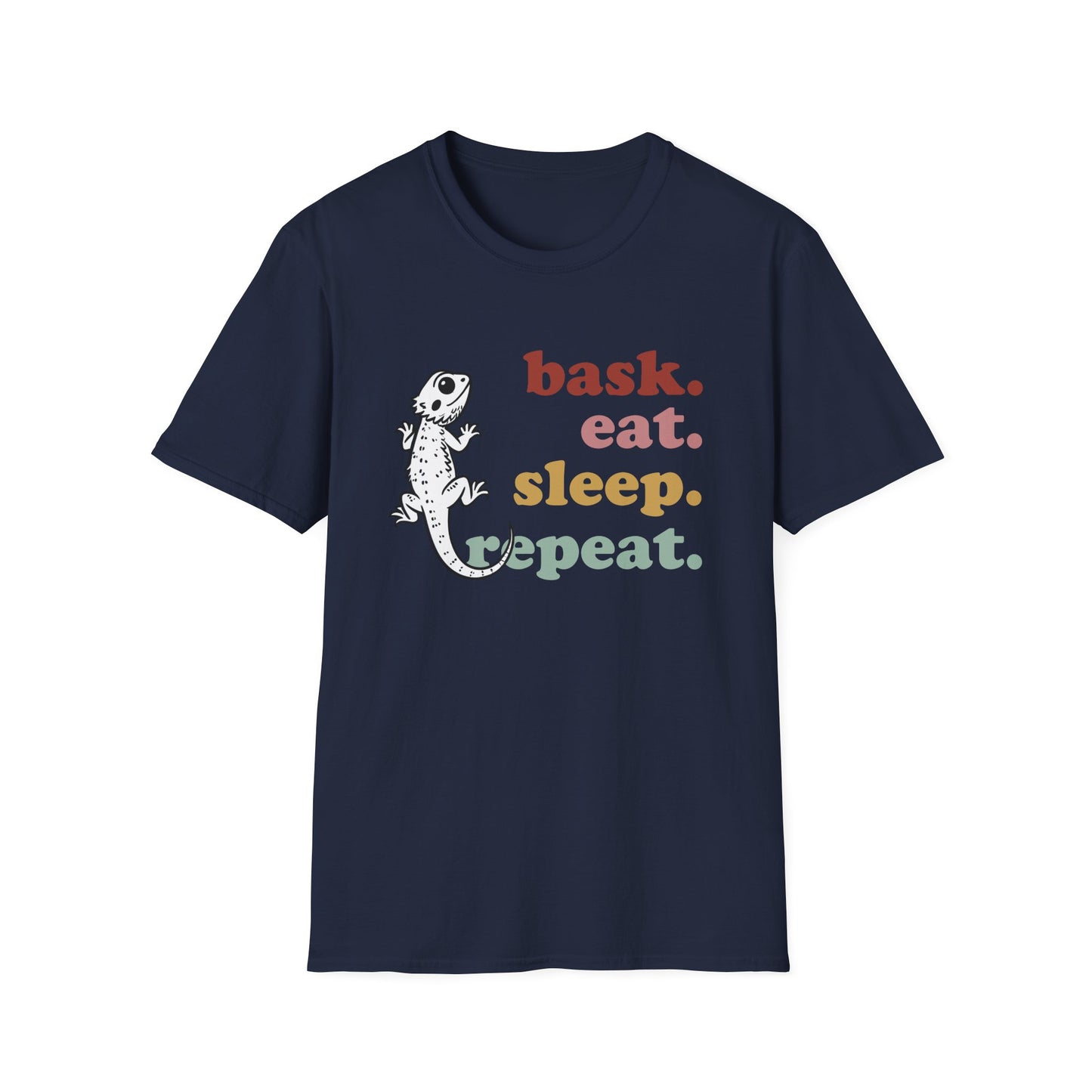 Bask Eat Sleep Repeat Bearded Dragon Unisex Softstyle T-Shirt | Reptile Tee | Gift for Reptile Lover | Pet Reptile
