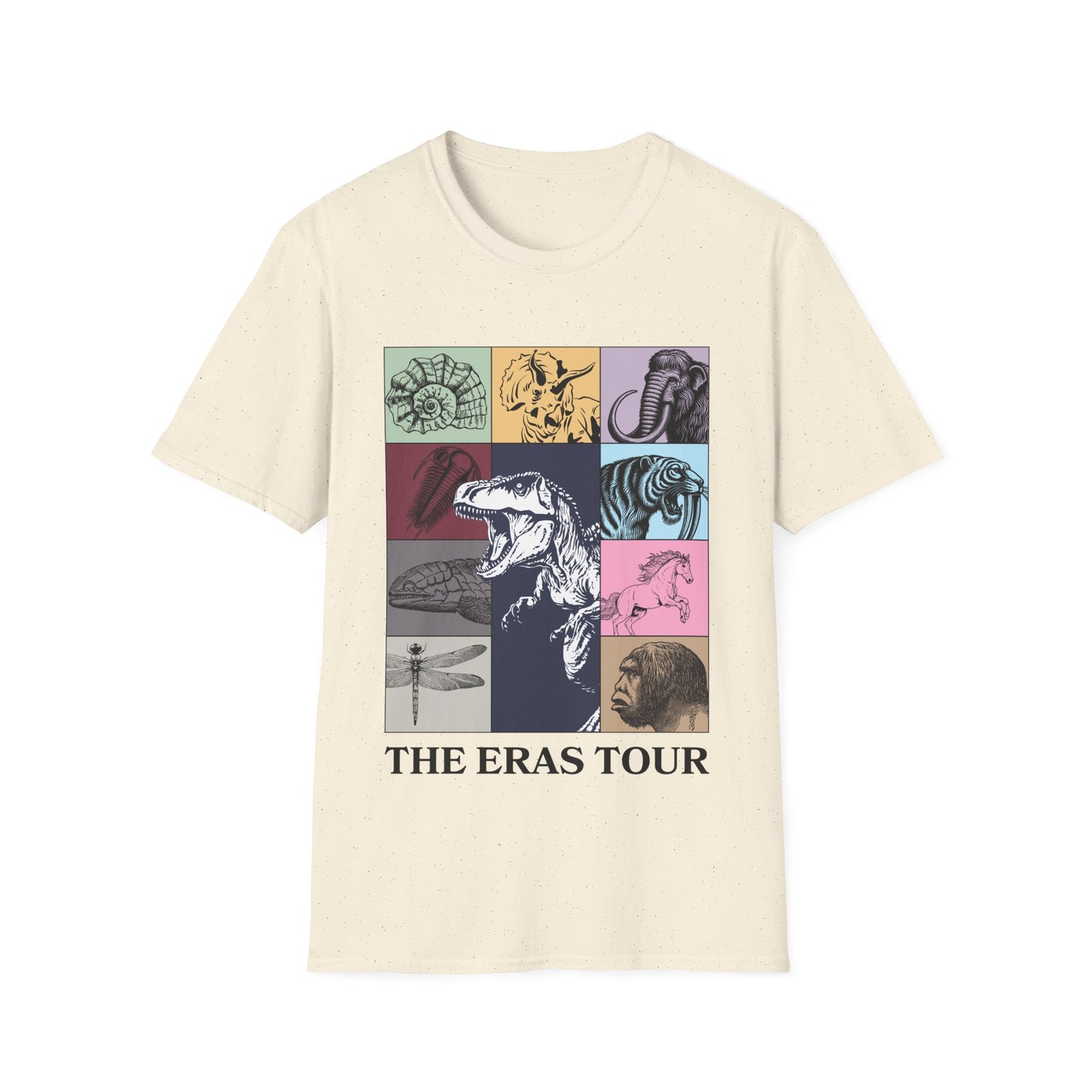 Geological Eras Tour Unisex Softstyle T-Shirt, Gift for Geologist Biologist Science Lover, Life Through Time Design, Dinosaur Tee