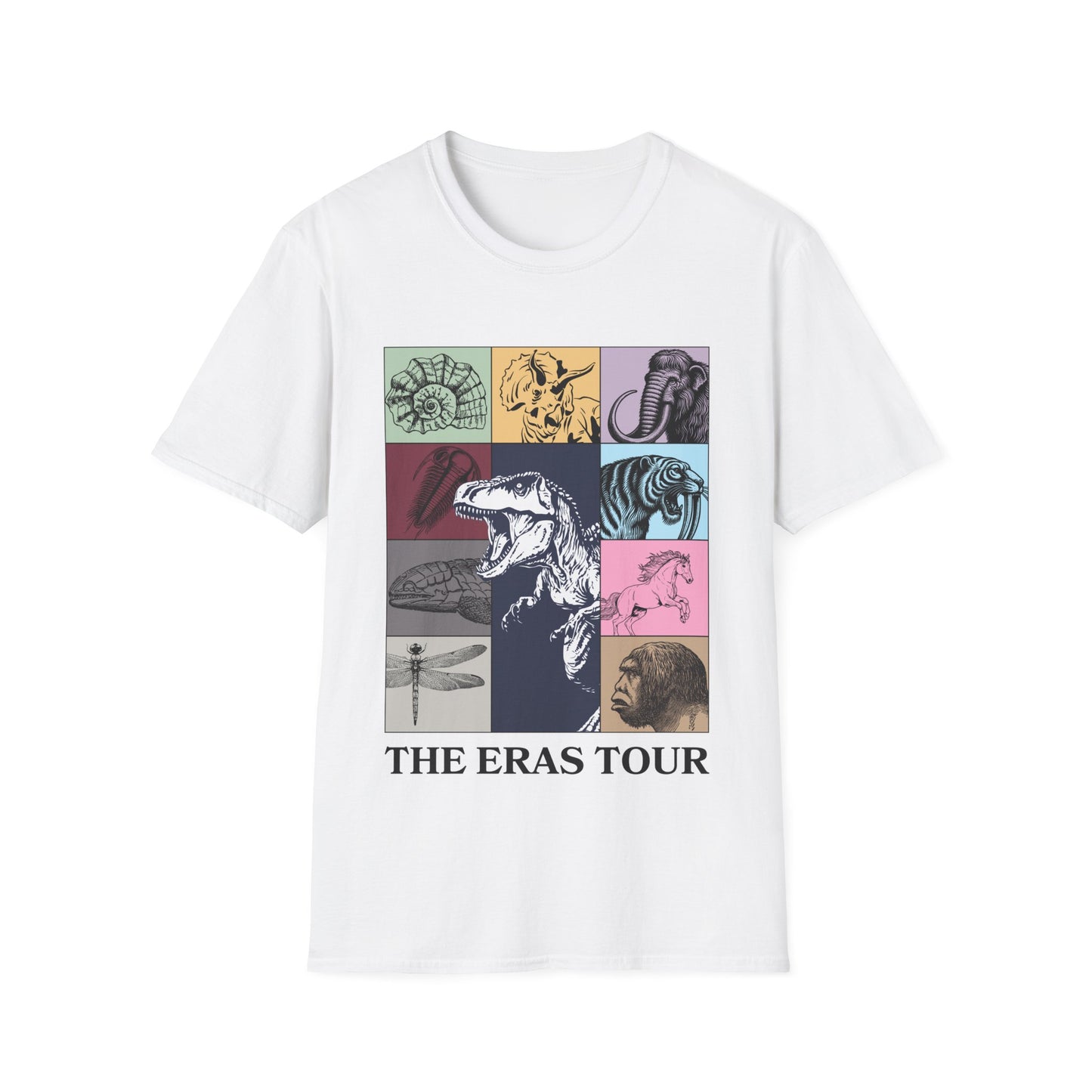 Geological Eras Tour Unisex Softstyle T-Shirt, Gift for Geologist Biologist Science Lover, Life Through Time Design, Dinosaur Tee