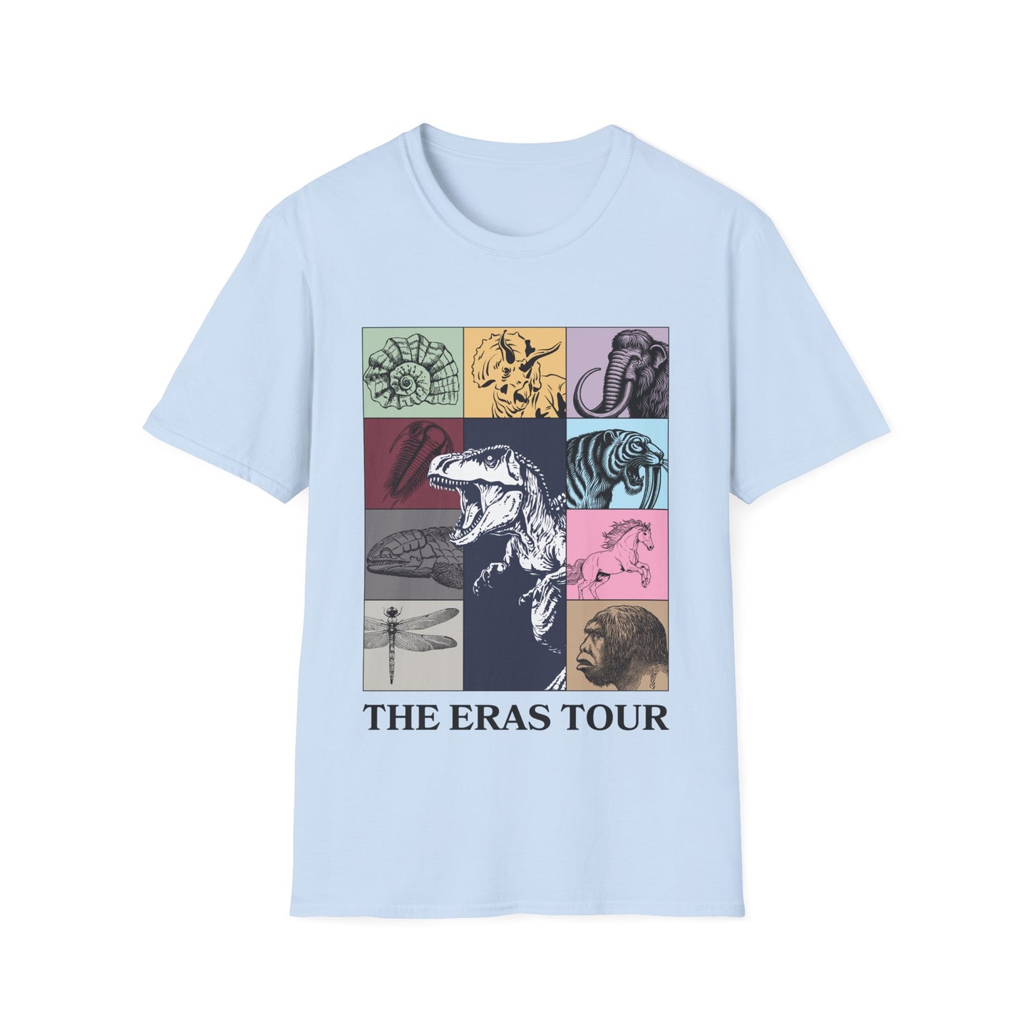 Geological Eras Tour Unisex Softstyle T-Shirt, Gift for Geologist Biologist Science Lover, Life Through Time Design, Dinosaur Tee