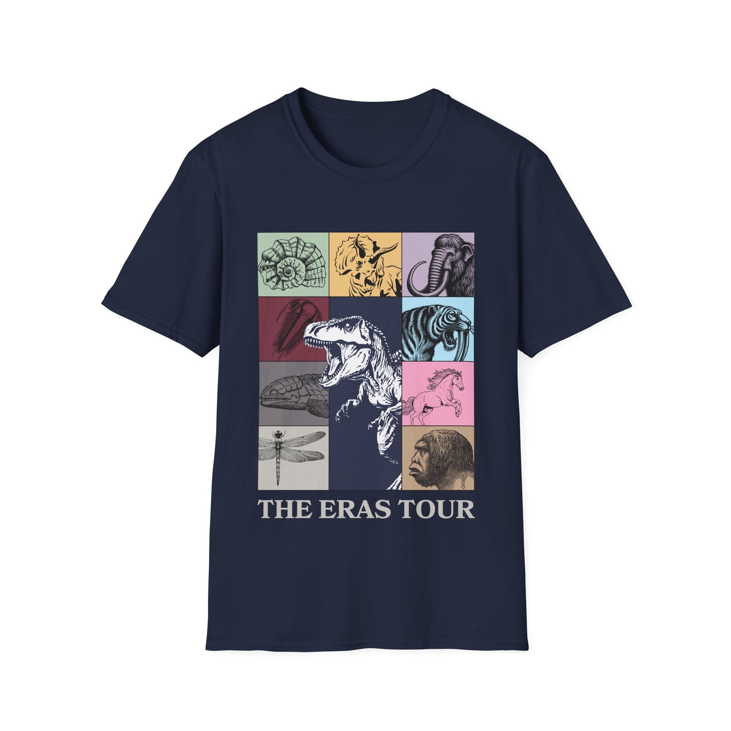 Geological Eras Tour Unisex Softstyle T-Shirt, Gift for Geologist Biologist Science Lover, Life Through Time Design, Dinosaur Tee