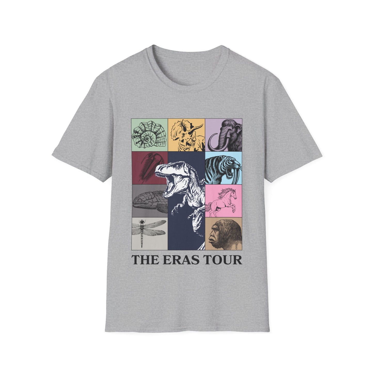 Geological Eras Tour Unisex Softstyle T-Shirt, Gift for Geologist Biologist Science Lover, Life Through Time Design, Dinosaur Tee