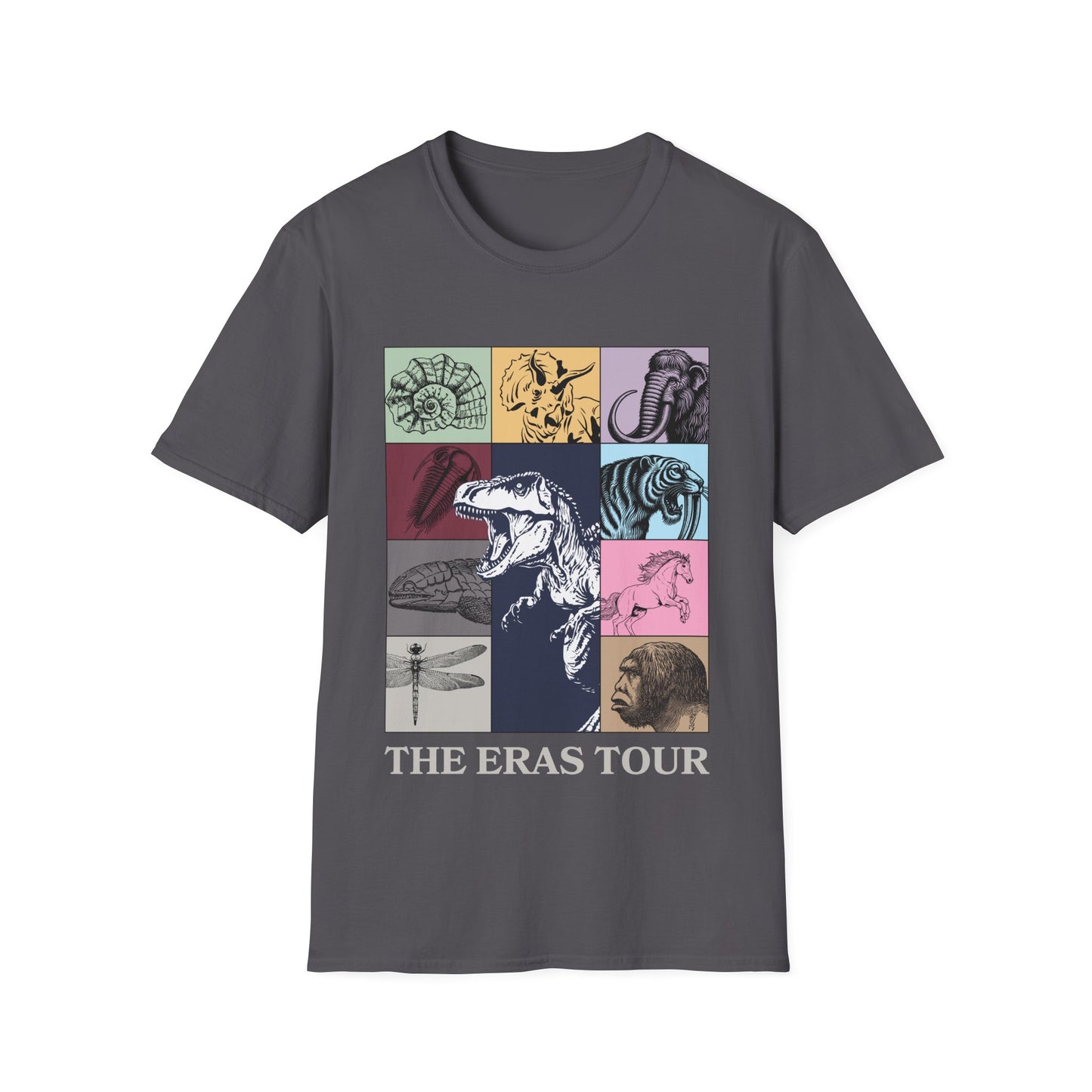 Geological Eras Tour Unisex Softstyle T-Shirt, Gift for Geologist Biologist Science Lover, Life Through Time Design, Dinosaur Tee
