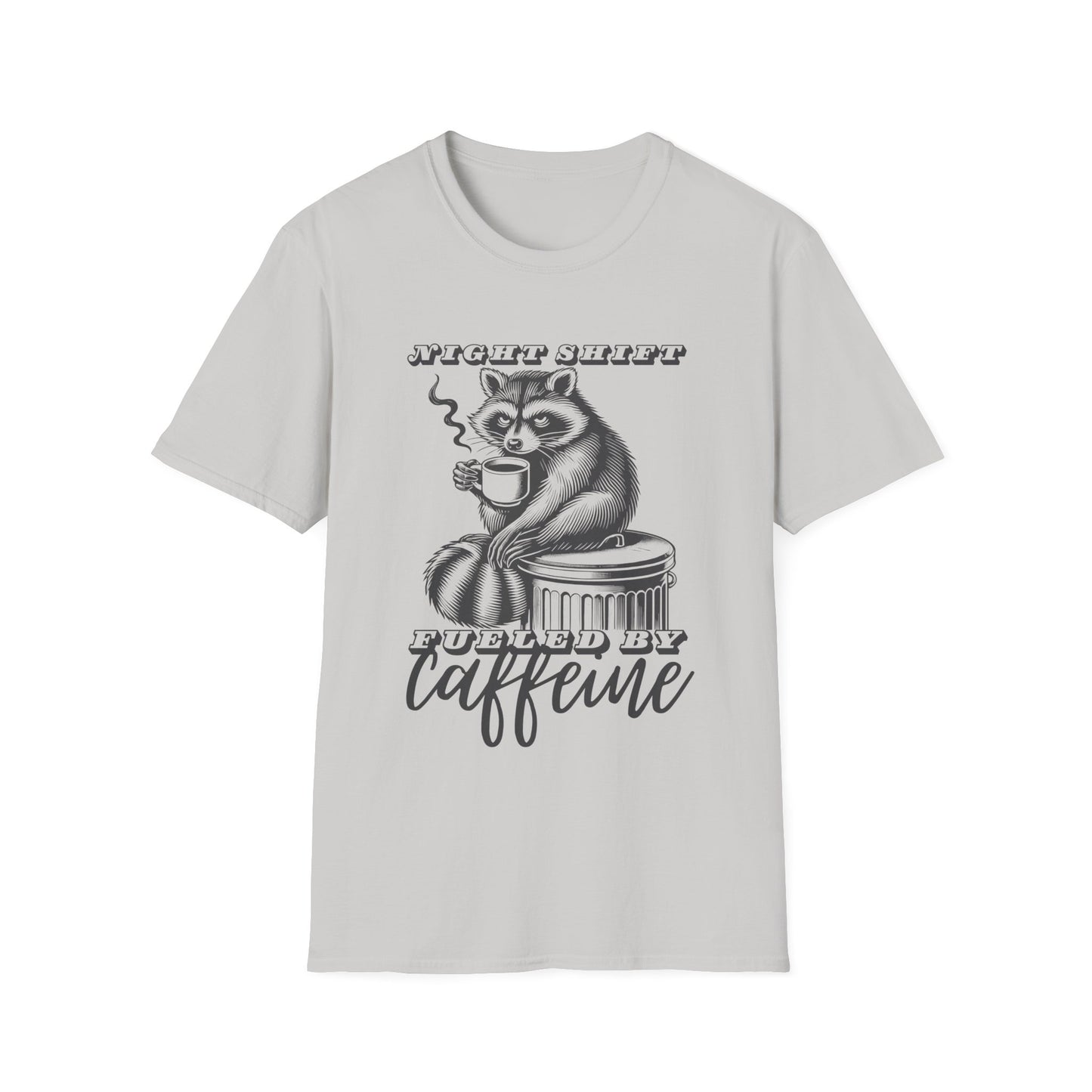Night Shift T-Shirt – Fueled by Caffeine Raccoon Funny Coffee Lover Tee