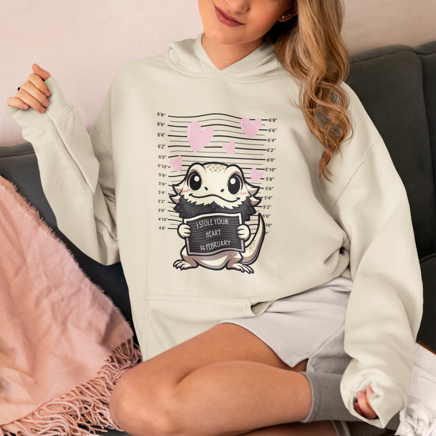 Bearded Dragon Valentine's Day Hooded Sweatshirt, Pet Reptile Hoodie, Stolen Hearts, Valentine's Gift, Gift for Her