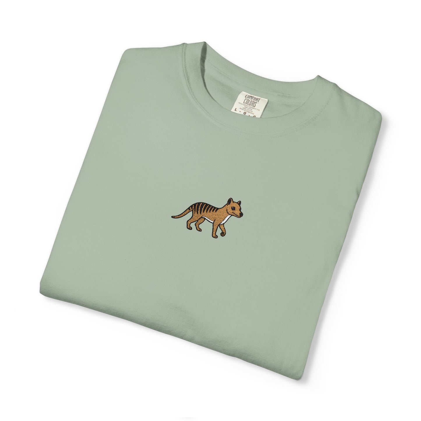 Thylacine Embroidered Comfort Colors T-Shirt, Tasmanian Tiger Shirt, Extinct Animal Tee, Australian Wildlife Gift, Minimal Embroidered Shirt