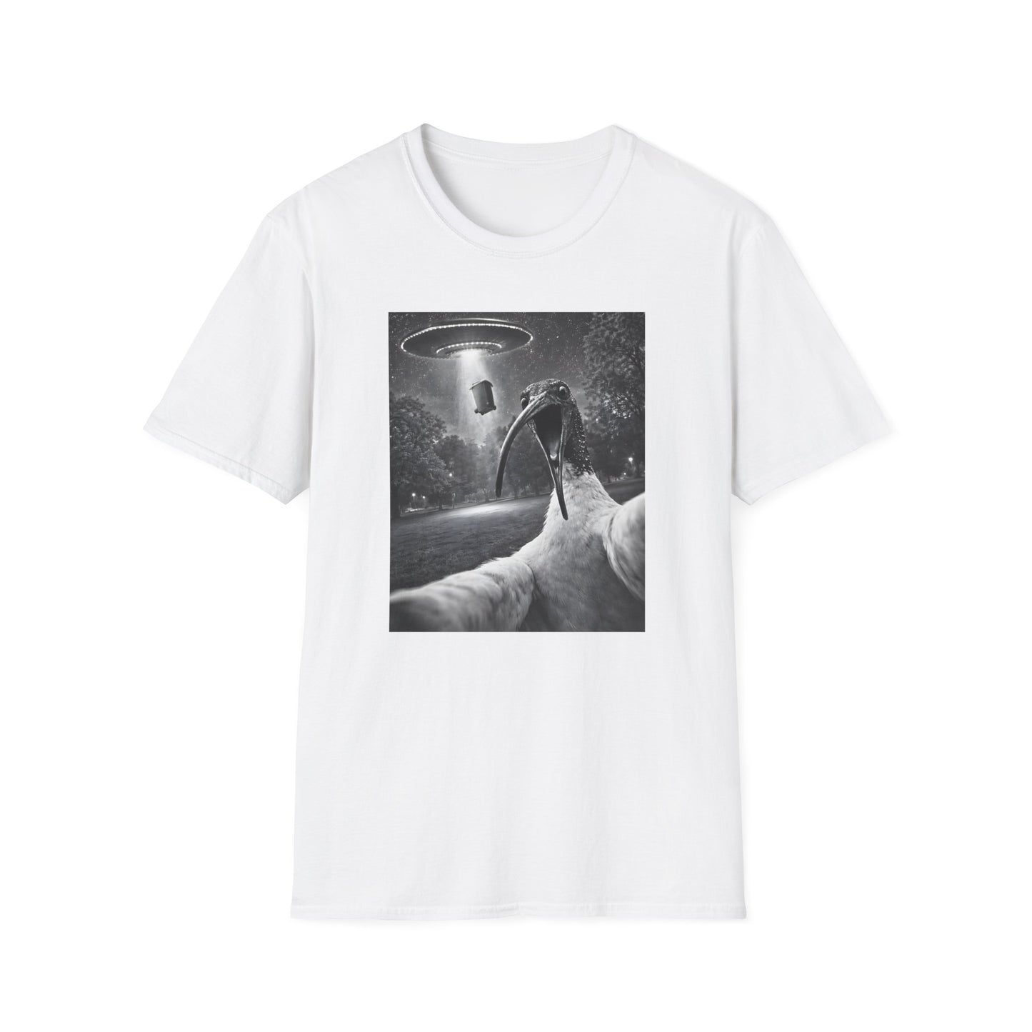White Ibis Selfie T-Shirt, UFO Bin Chicken Shirt, Australian Bird Tee, Cryptid Wildlife Shirt, Ibis Lover Gift, Surreal Graphic Tee