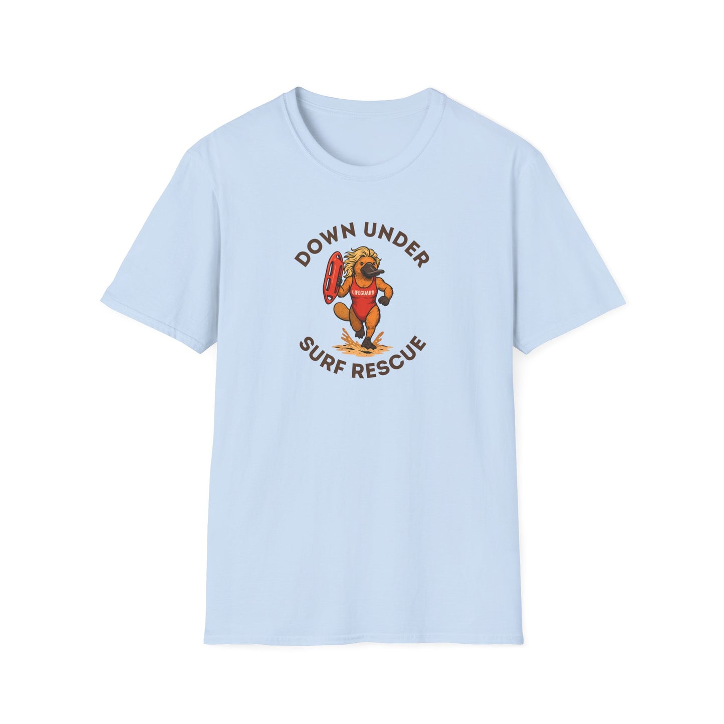 Down Under Surf Rescue T-Shirt, Platypus Lifeguard Tee, Australian Beach Shirt, Aussie Surf Tee, Platypus Graphic T-Shirt, Coastal Australia Shirt, Funny Aussie Tee