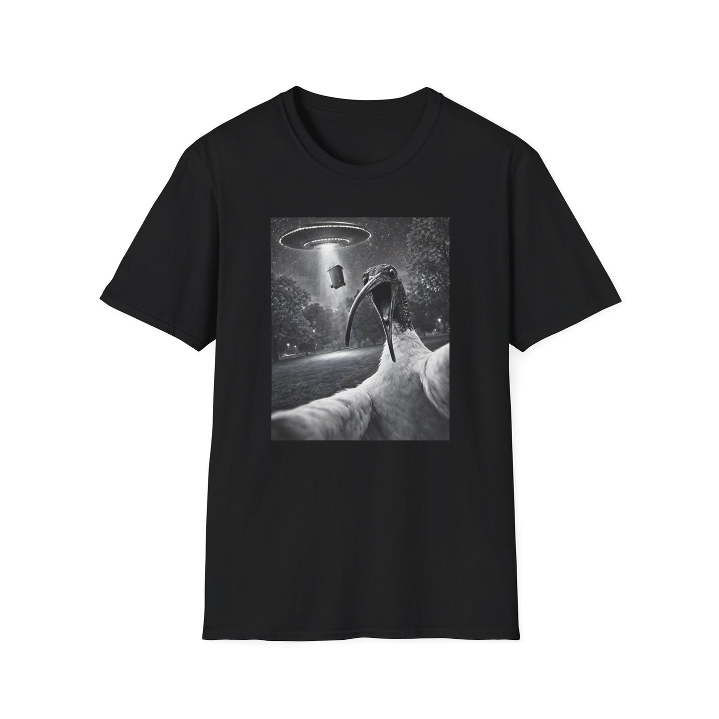 White Ibis Selfie T-Shirt, UFO Bin Chicken Shirt, Australian Bird Tee, Cryptid Wildlife Shirt, Ibis Lover Gift, Surreal Graphic Tee