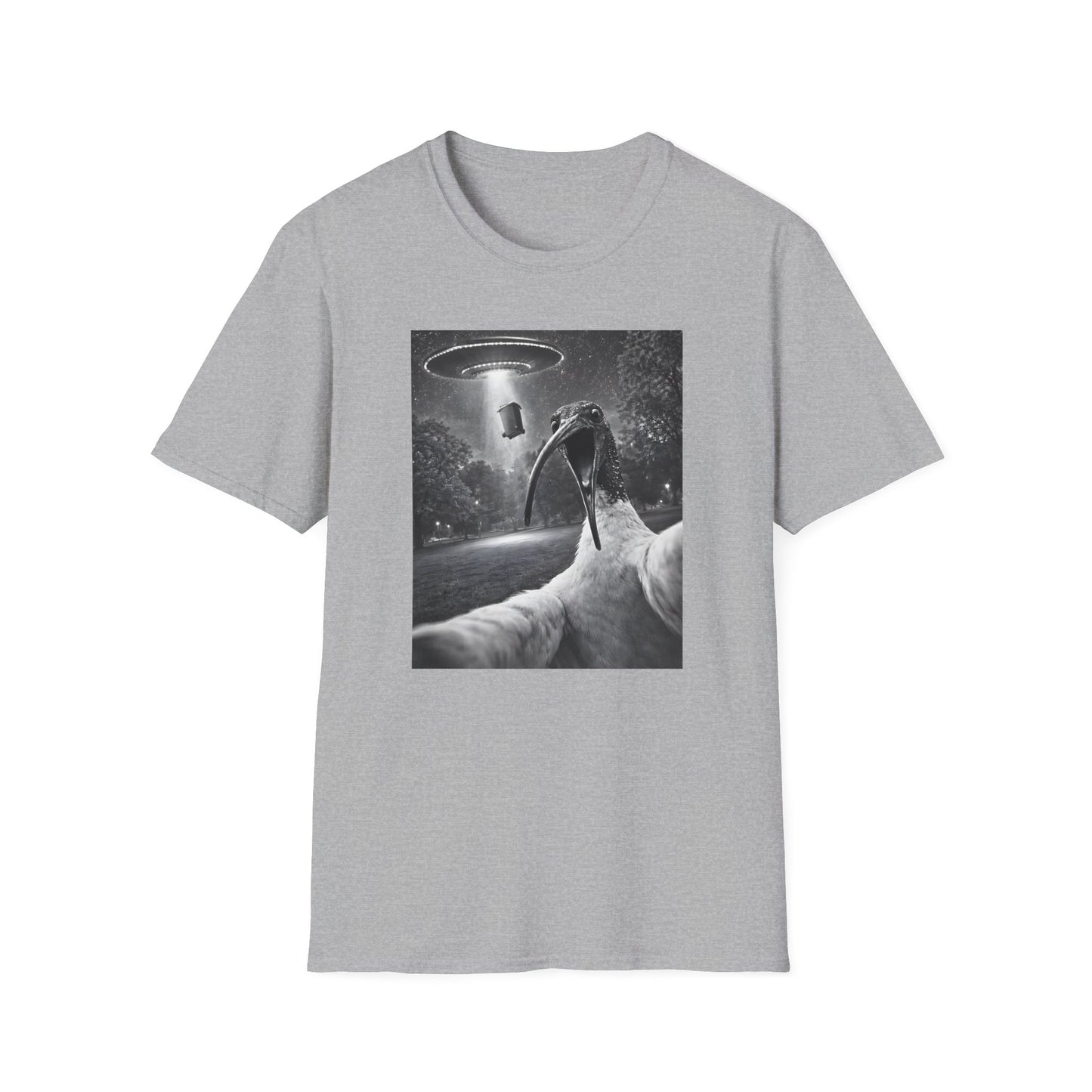 White Ibis Selfie T-Shirt, UFO Bin Chicken Shirt, Australian Bird Tee, Cryptid Wildlife Shirt, Ibis Lover Gift, Surreal Graphic Tee