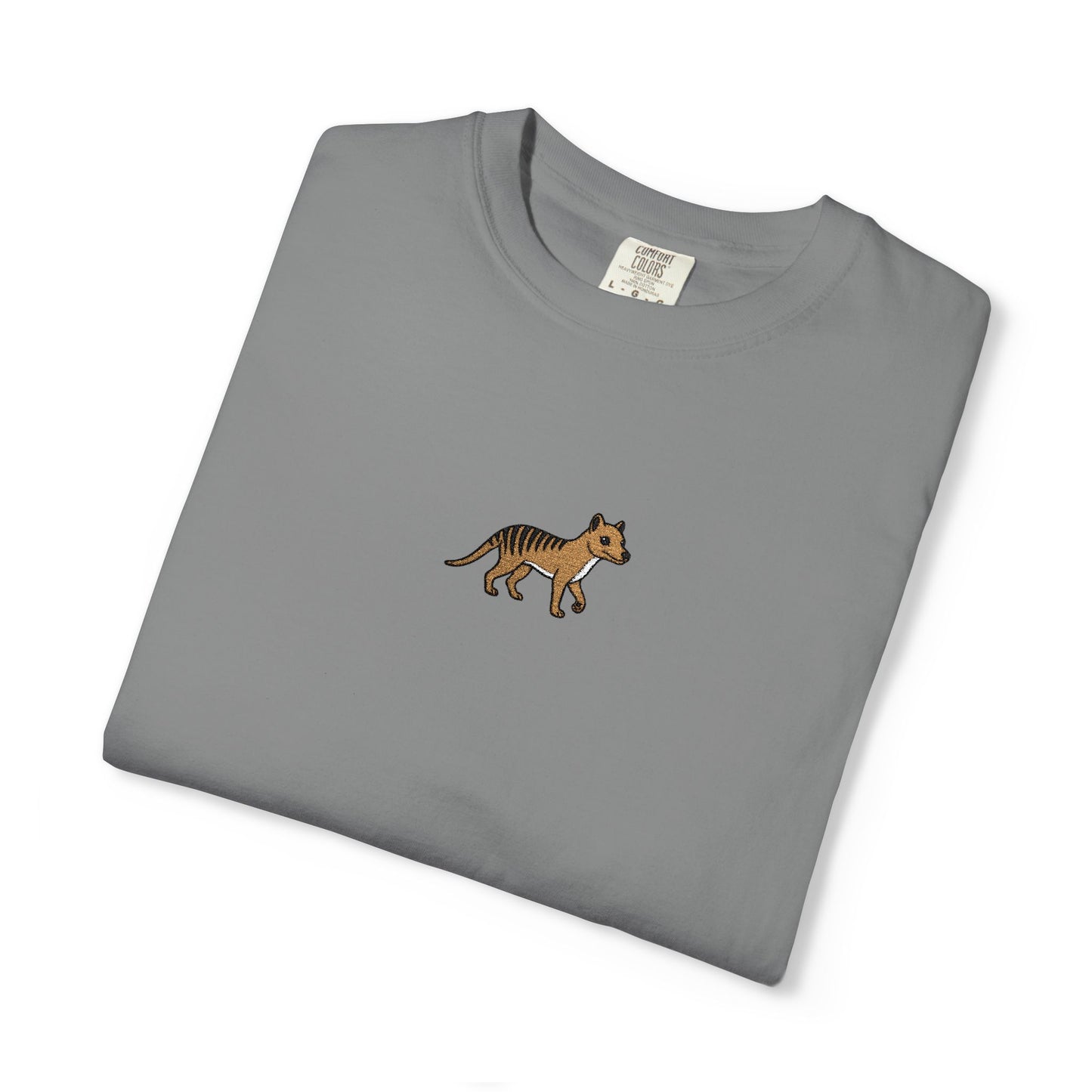 Thylacine Embroidered Comfort Colors T-Shirt, Tasmanian Tiger Shirt, Extinct Animal Tee, Australian Wildlife Gift, Minimal Embroidered Shirt