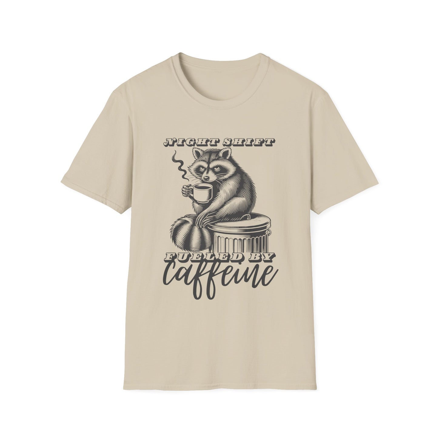 Night Shift T-Shirt – Fueled by Caffeine Raccoon Funny Coffee Lover Tee