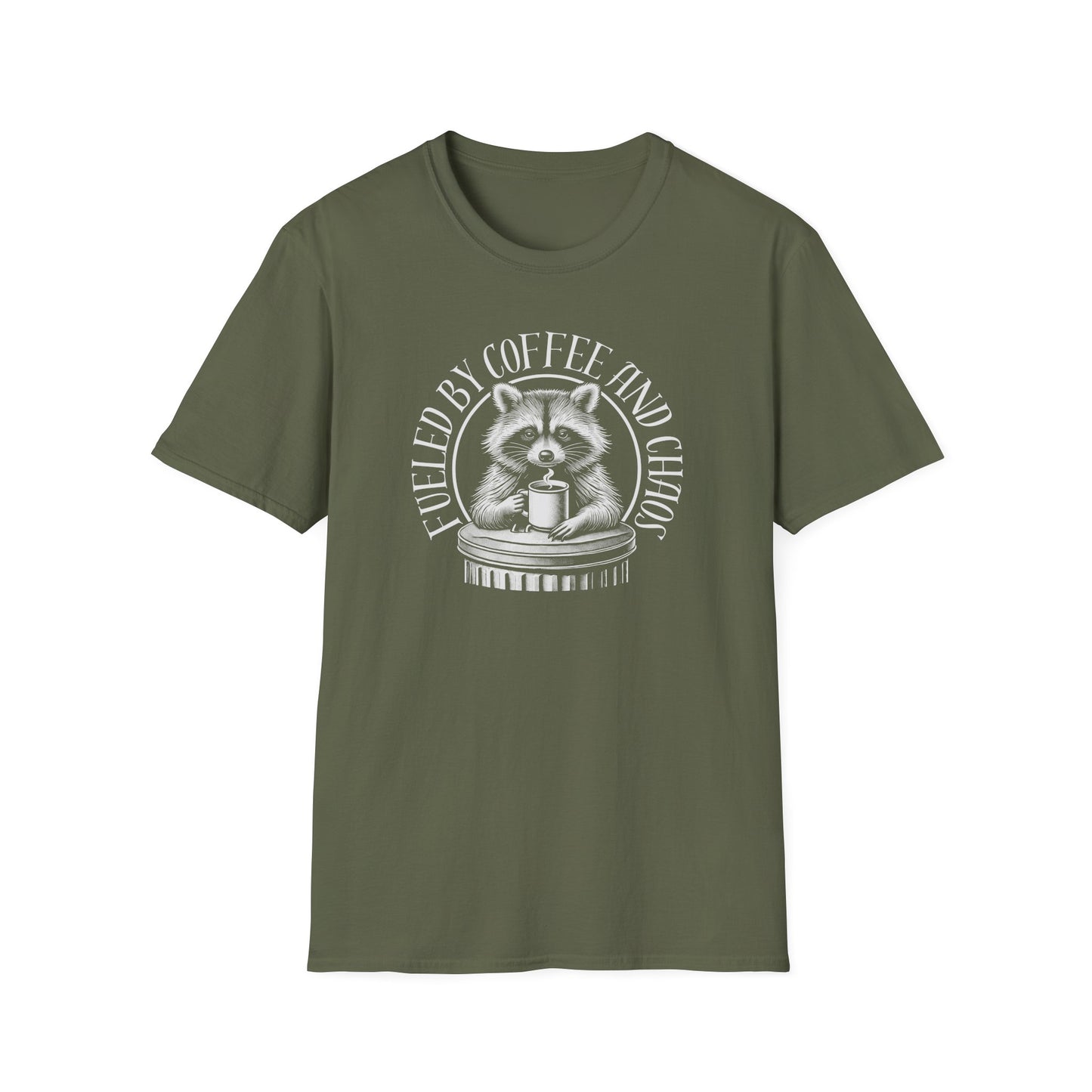 Raccoon Coffee T-Shirt, Fueled By Coffee And Chaos Shirt, Raccoon Lover Gift, Trash Panda Tee, Animal Graphic Shirt, Caffeine Shirt