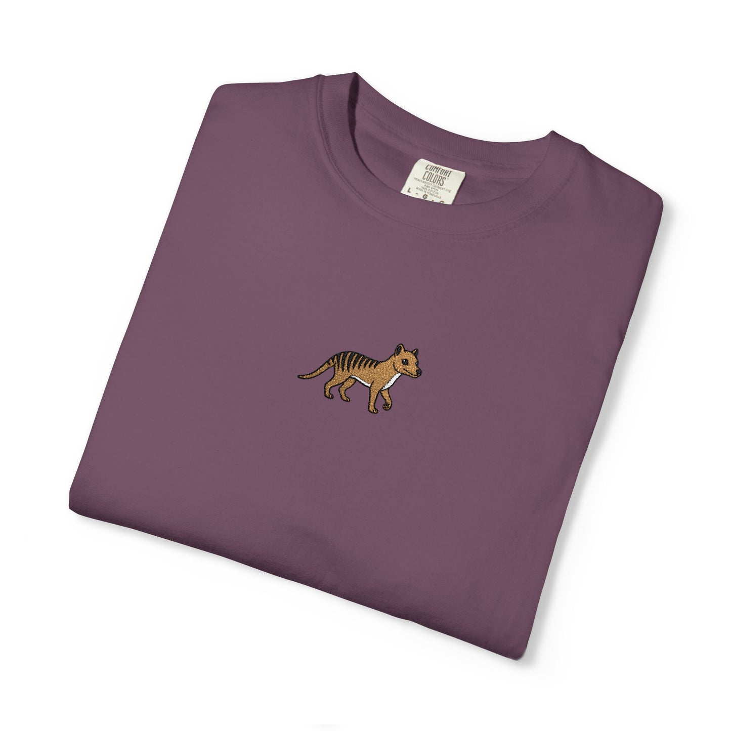 Thylacine Embroidered Comfort Colors T-Shirt, Tasmanian Tiger Shirt, Extinct Animal Tee, Australian Wildlife Gift, Minimal Embroidered Shirt