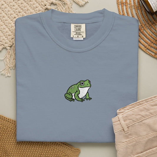 Green Tree Frog Embroidered Comfort Colors T-Shirt, Cute Frog Shirt, Amphibian Lover Tee, Frog Lover Gift, Biology Embroidered Shirt