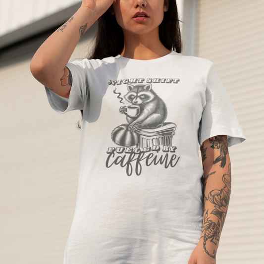 Night Shift T-Shirt – Fueled by Caffeine Raccoon Funny Coffee Lover Tee