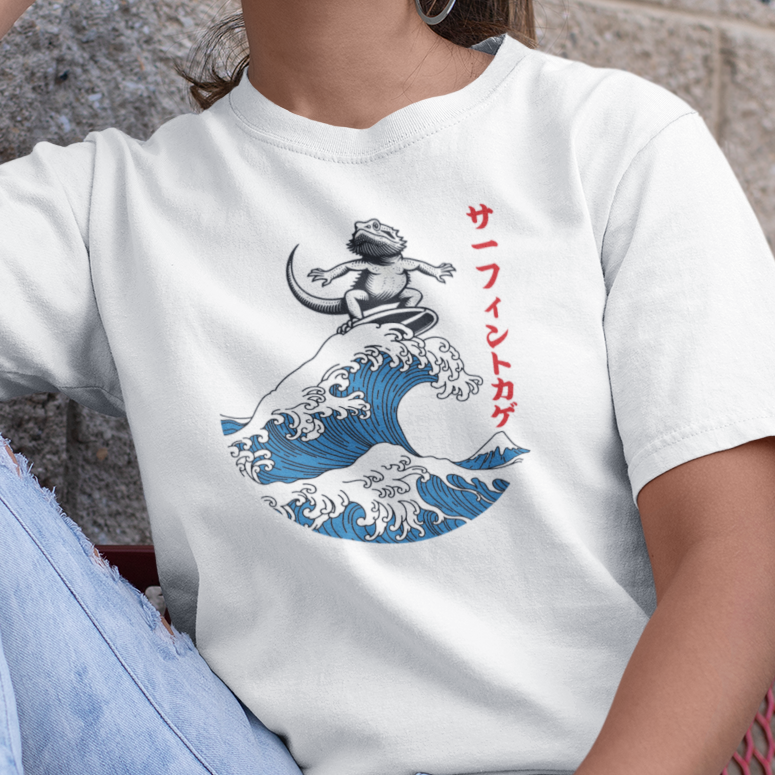 Bearded Dragon Surfing T-Shirt, Japanese Wave Lizard Tee, Surf Beardie Shirt, Funny Reptile Tee, Great Wave Style Shirt, Herpetology Gift