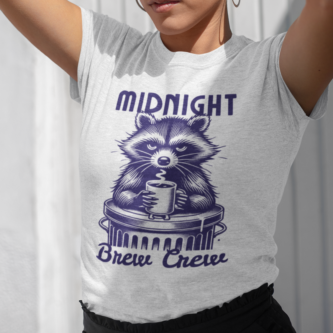 Raccoon Midnight Brew Crew T-Shirt, Funny Trash Panda Coffee Tee, Night Owl Raccoon Shirt, Cute Raccoon Graphic Tee, Coffee Lover Gift