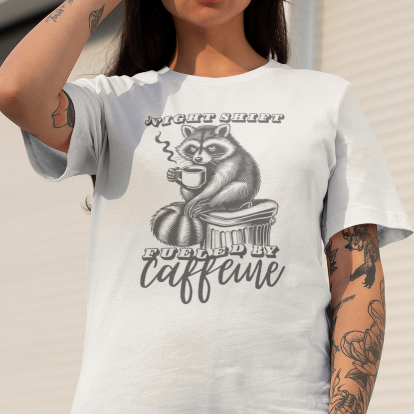 Raccoon Night Shift Caffeine T-Shirt, Funny Trash Panda Coffee Tee, Night Owl Raccoon Shirt, Midnight Worker Tee, Caffeine Lover Gift