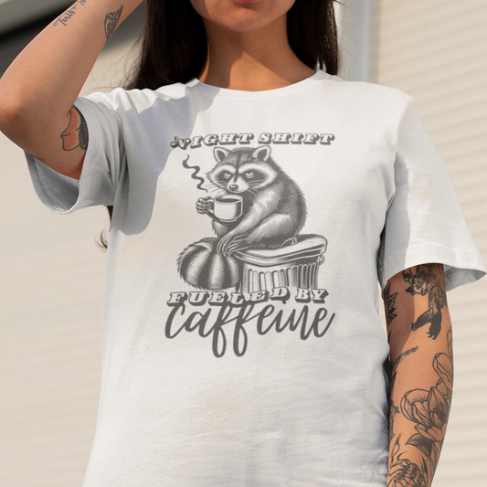Raccoon Night Shift Caffeine T-Shirt, Funny Trash Panda Coffee Tee, Night Owl Raccoon Shirt, Midnight Worker Tee, Caffeine Lover Gift