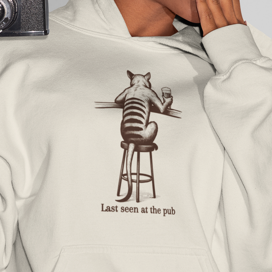 Thylacine Pub Hoodie, Funny Thylacine Hoodie, Tasmanian Tiger Hoodie, Australian Animal Hoodie, Last Seen At The Pub Hoodie, Aussie Humor Sweatshirt