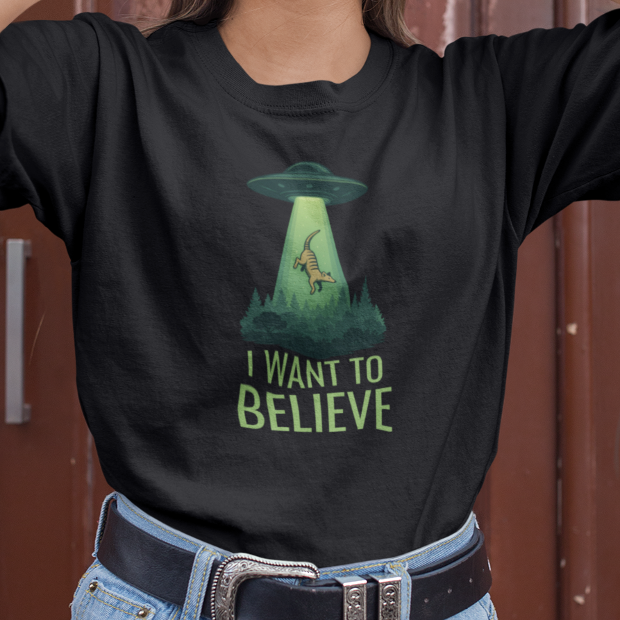 Thylacine UFO T-Shirt, I Want To Believe Shirt, Tasmanian Tiger Tee, Cryptid Alien Shirt, Australian Paranormal T-Shirt