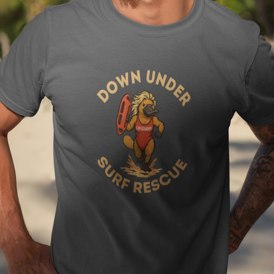 Down Under Surf Rescue T-Shirt, Platypus Lifeguard Tee, Australian Beach Shirt, Aussie Surf Tee, Platypus Graphic T-Shirt, Coastal Australia Shirt, Funny Aussie Tee