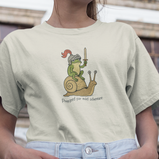 Prepared For Mild Adventure Frog T-Shirt, Funny Frog Tee, Snail Frog Shirt, Cottagecore Frog Tee, Fantasy Frog Shirt, Cute Amphibian T-Shirt, Goblincore Shirt