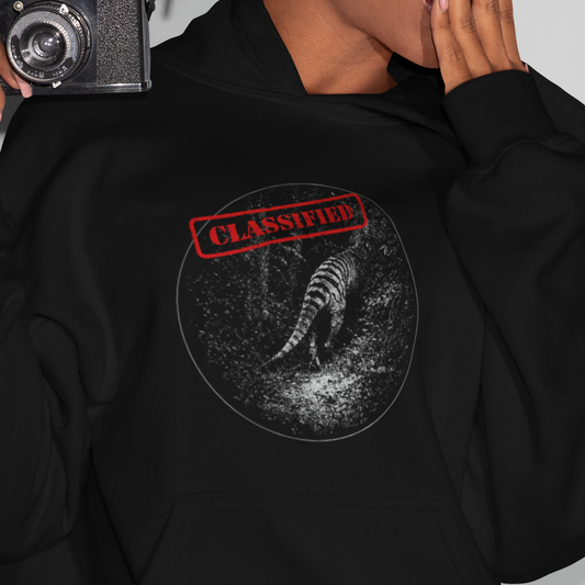 Thylacine Hoodie, Classified Tasmanian Tiger Hoodie, Cryptid Wildlife Hoodie, Grainy Sighting Hoodie, Extinct Animal Sweatshirt, Aussie Mystery Hoodie