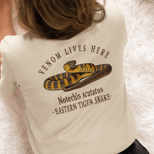 Eastern Tiger Snake T-Shirt, Venom Lives Here Shirt, Double Sided Snake Tee, Australian Reptile Shirt, Snake Lover Gift, Herping Tee