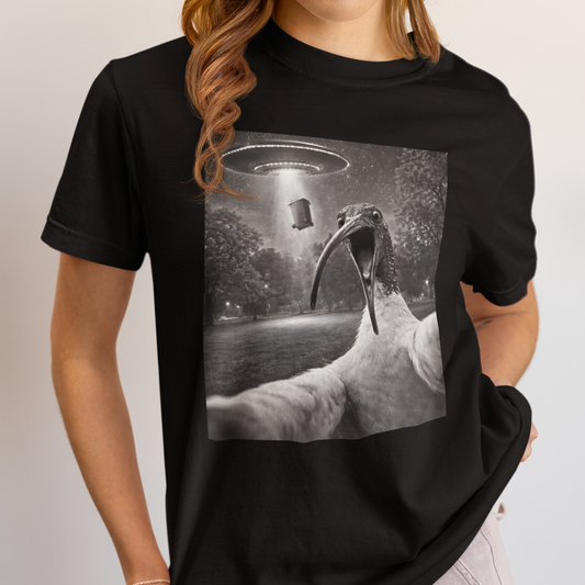 White Ibis Selfie T-Shirt, UFO Bin Chicken Shirt, Australian Bird Tee, Cryptid Wildlife Shirt, Ibis Lover Gift, Surreal Graphic Tee