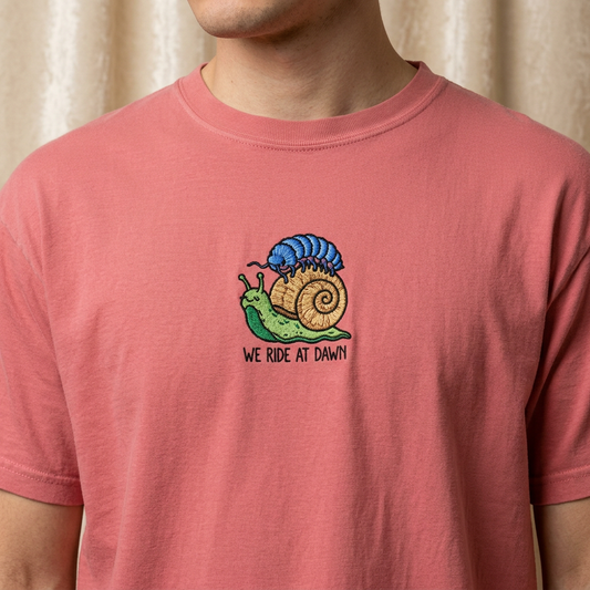Isopod and Snail Embroidered Comfort Colors T-Shirt, We Ride At Dawn Shirt, Funny Bug Tee, Cute Isopod Shirt, Goblincore Embroidered Tee