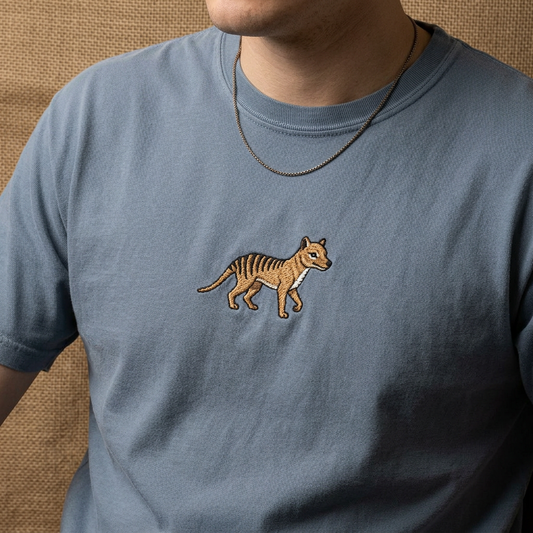 Thylacine Embroidered Comfort Colors T-Shirt, Tasmanian Tiger Shirt, Extinct Animal Tee, Australian Wildlife Gift, Minimal Embroidered Shirt