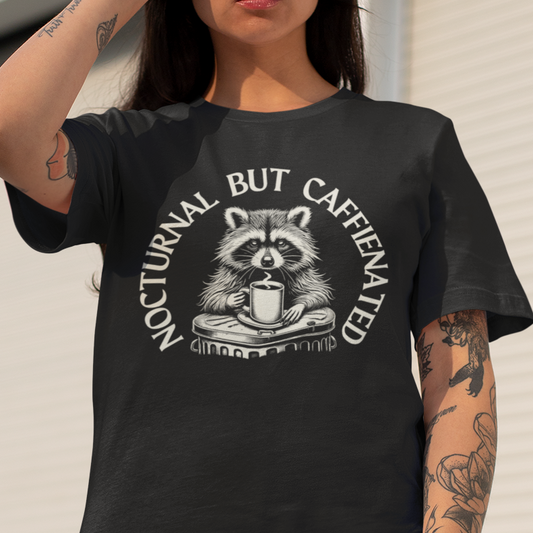 Nocturnal But Caffeinated Raccoon T-Shirt, Coffee Animal Shirt, Trash Panda Tee, Raccoon Lover Gift, Caffeine Shirt, Night Owl Tee