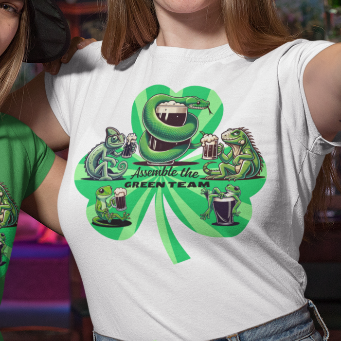 Green Reptiles St Patrick’s Day T-Shirt, Assemble The Green Team Shirt, Reptile Lover Tee, Frog Snake Lizard Party Shirt, St Paddy’s Day Tee