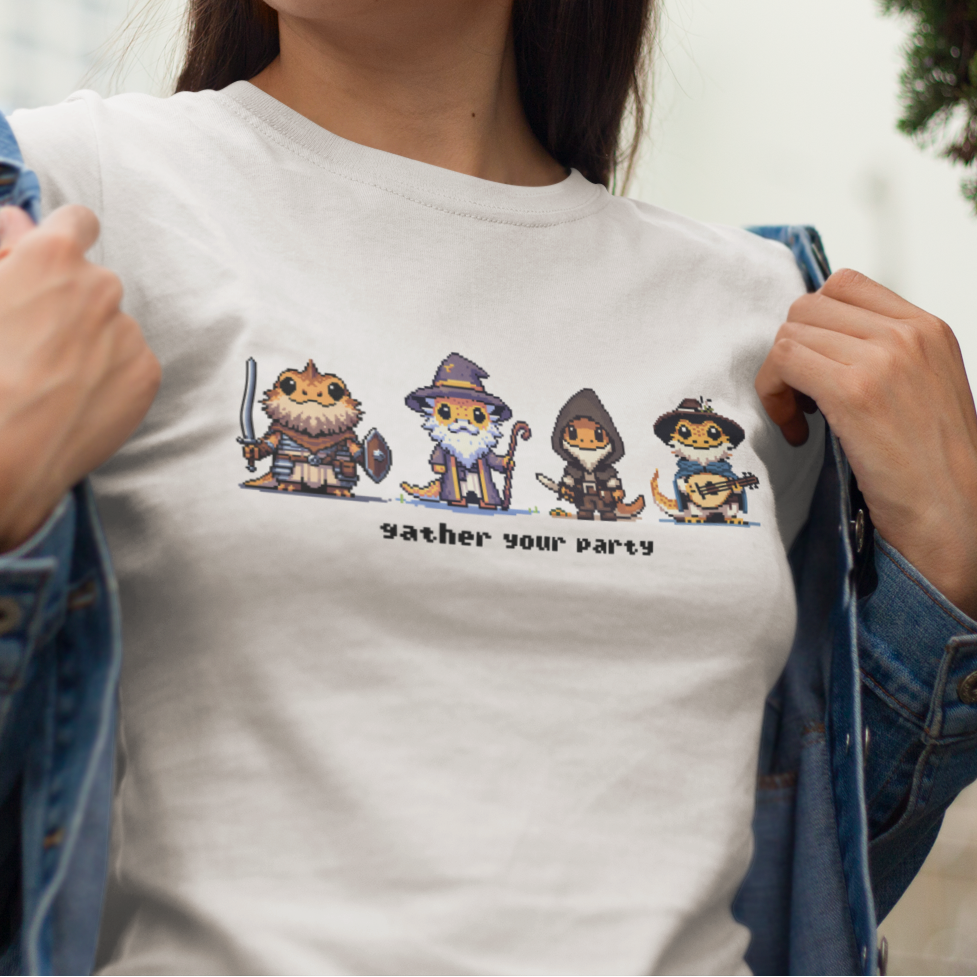 Bearded Dragon RPG T-Shirt, Gather Your Party Shirt, Reptile Lover Tee, DnD Inspired Lizard Shirt, Fantasy Animal Graphic Tee