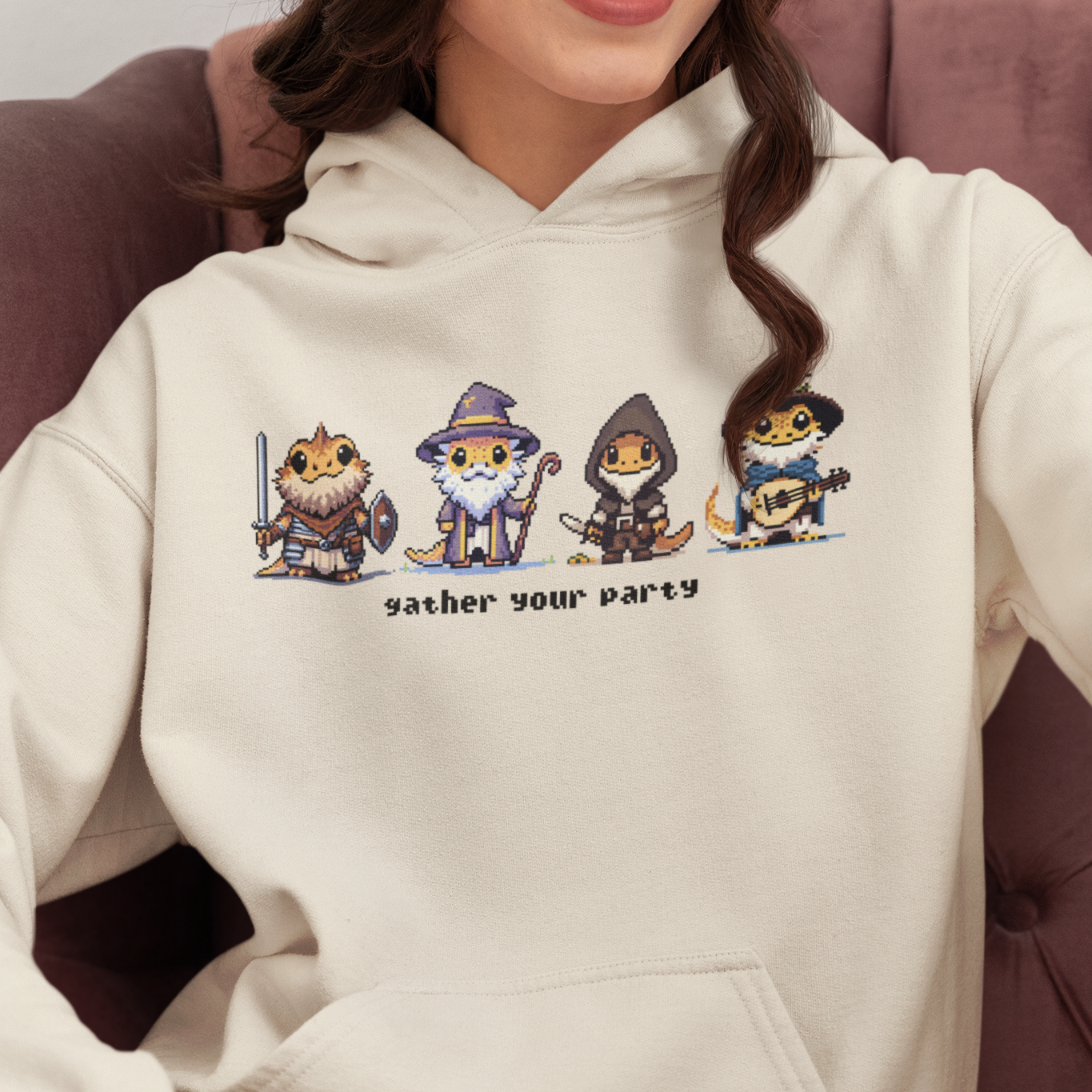 Bearded Dragon Hoodie, Gather Your Party Hoodie, Reptile DnD Hoodie, Pixel Art Hoodie, Fantasy Gamer Sweatshirt, Bearded Dragon Gift, RPG Hoodie