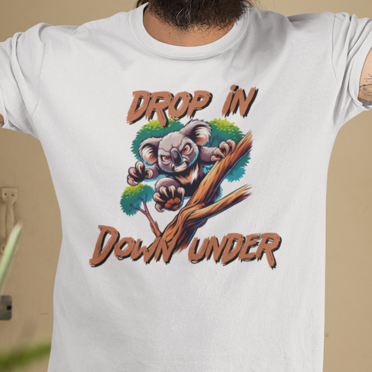 Drop Bear T-Shirt, Drop In Down Under Shirt, Australian Wildlife Tee, Koala Lover Gift, Aussie Souvenir Shirt, Tourist Trap Graphic Tee