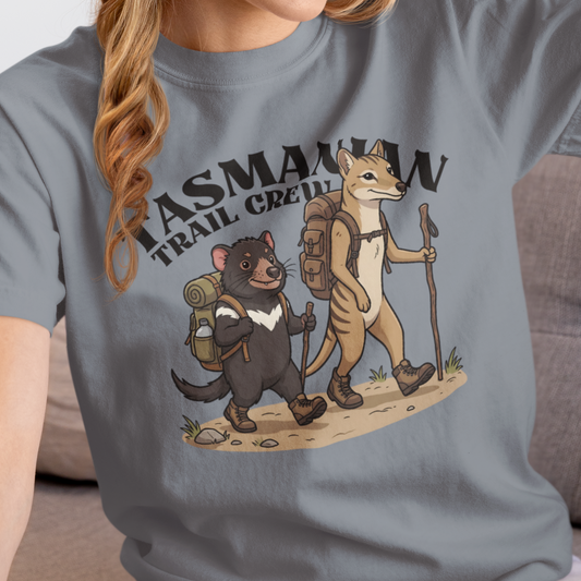 Tasmanian Trail Crew Shirt, Comfort Colors Hiking Tee, Tasmanian Devil and Thylacine T Shirt, Australian Wildlife Shirt, Hiking Gift