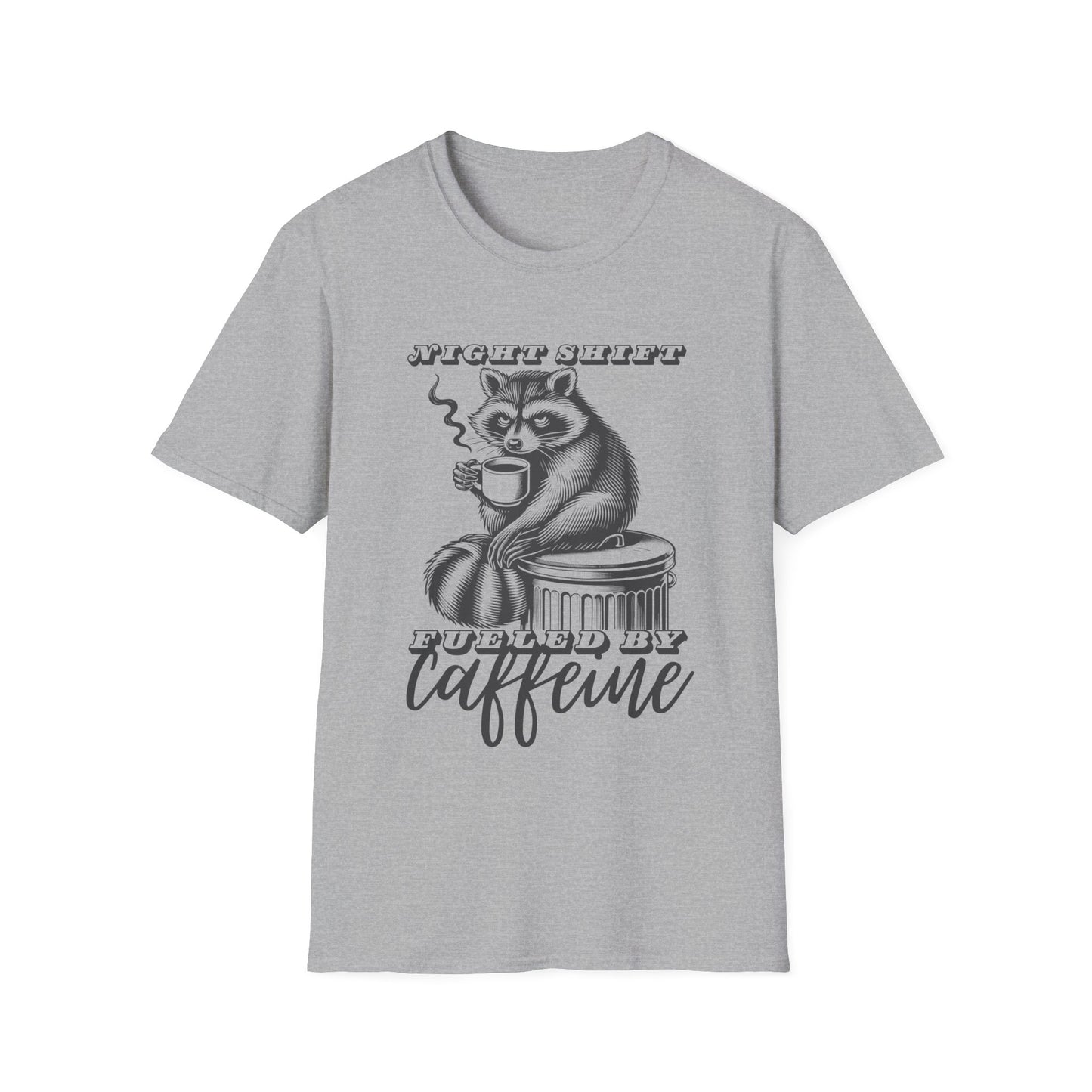 Night Shift T-Shirt – Fueled by Caffeine Raccoon Funny Coffee Lover Tee