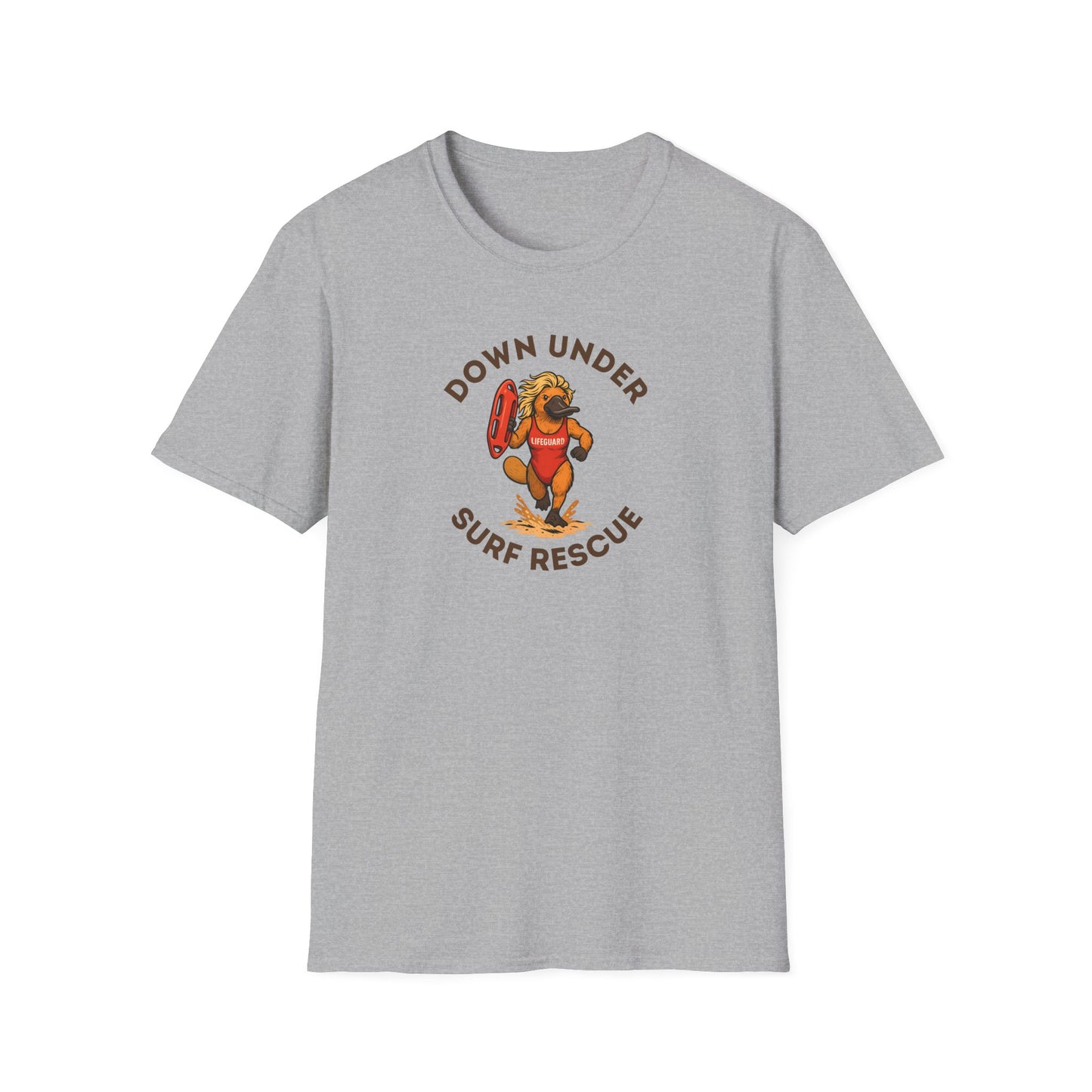 Down Under Surf Rescue T-Shirt, Platypus Lifeguard Tee, Australian Beach Shirt, Aussie Surf Tee, Platypus Graphic T-Shirt, Coastal Australia Shirt, Funny Aussie Tee