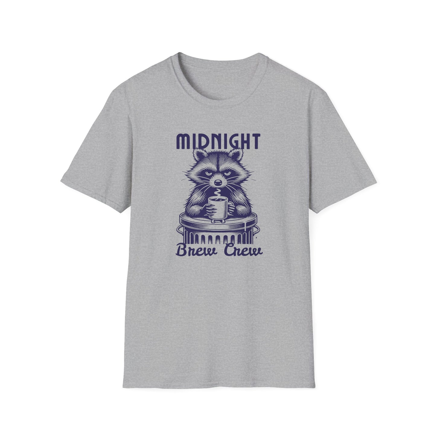 Raccoon Midnight Brew Crew T-Shirt, Funny Trash Panda Coffee Tee, Night Owl Raccoon Shirt, Cute Raccoon Graphic Tee, Coffee Lover Gift