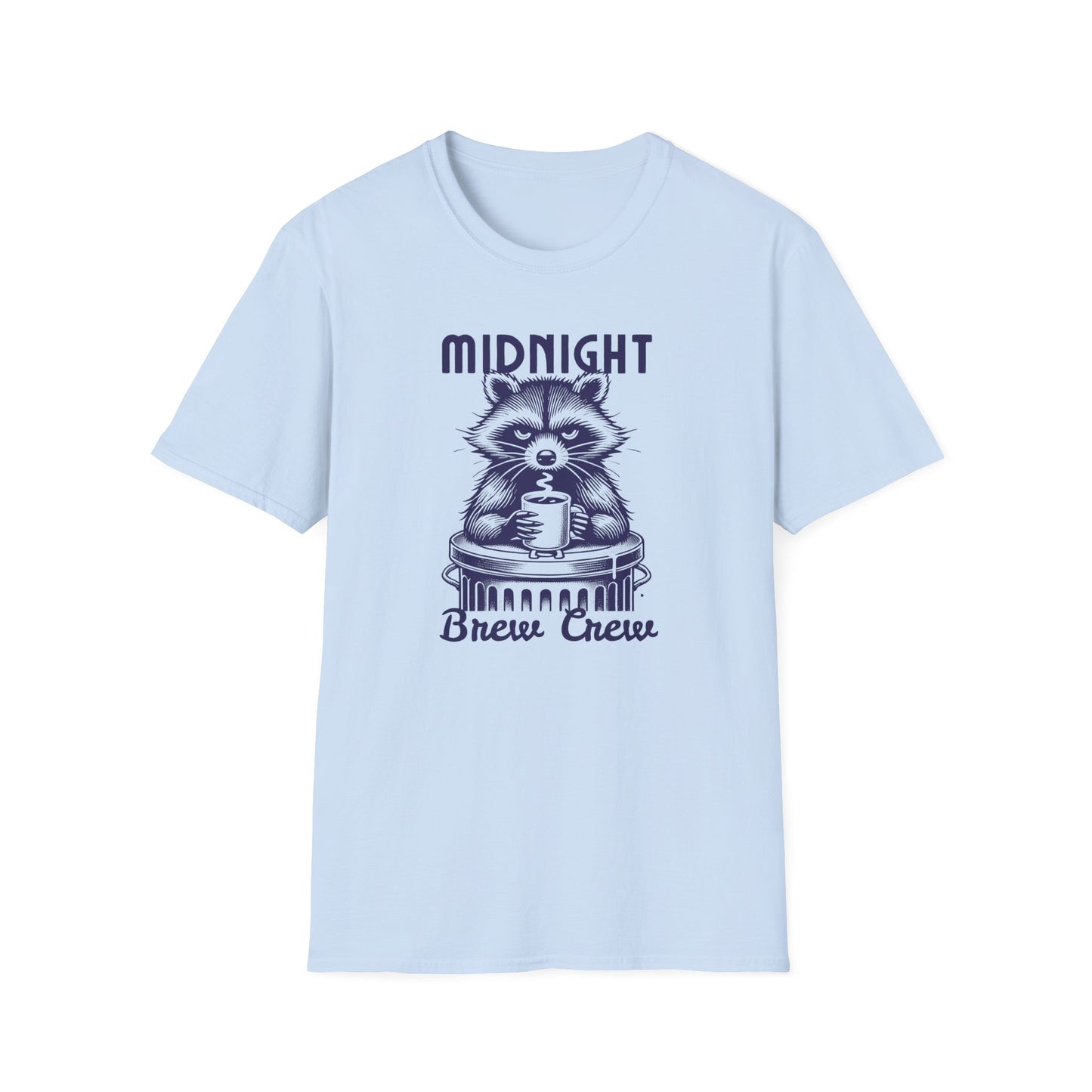 Raccoon Midnight Brew Crew T-Shirt, Funny Trash Panda Coffee Tee, Night Owl Raccoon Shirt, Cute Raccoon Graphic Tee, Coffee Lover Gift