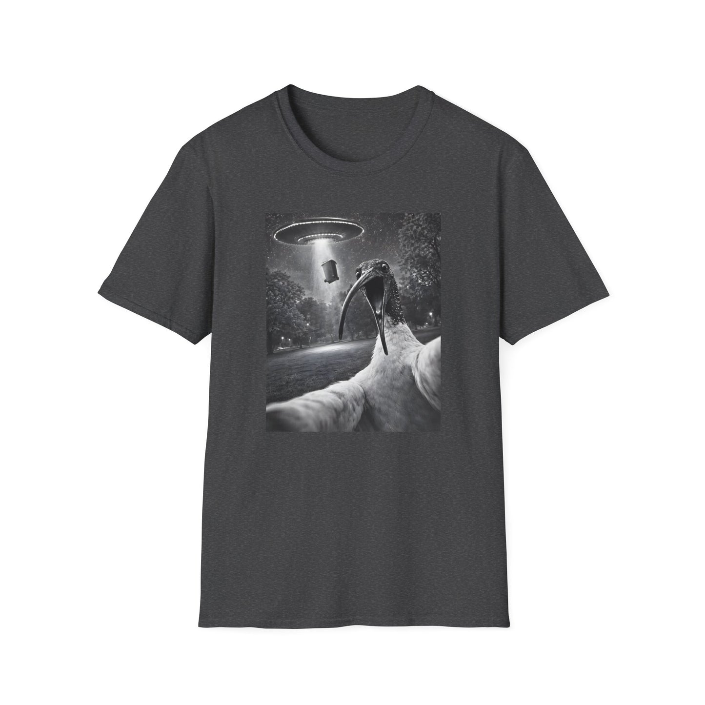 White Ibis Selfie T-Shirt, UFO Bin Chicken Shirt, Australian Bird Tee, Cryptid Wildlife Shirt, Ibis Lover Gift, Surreal Graphic Tee