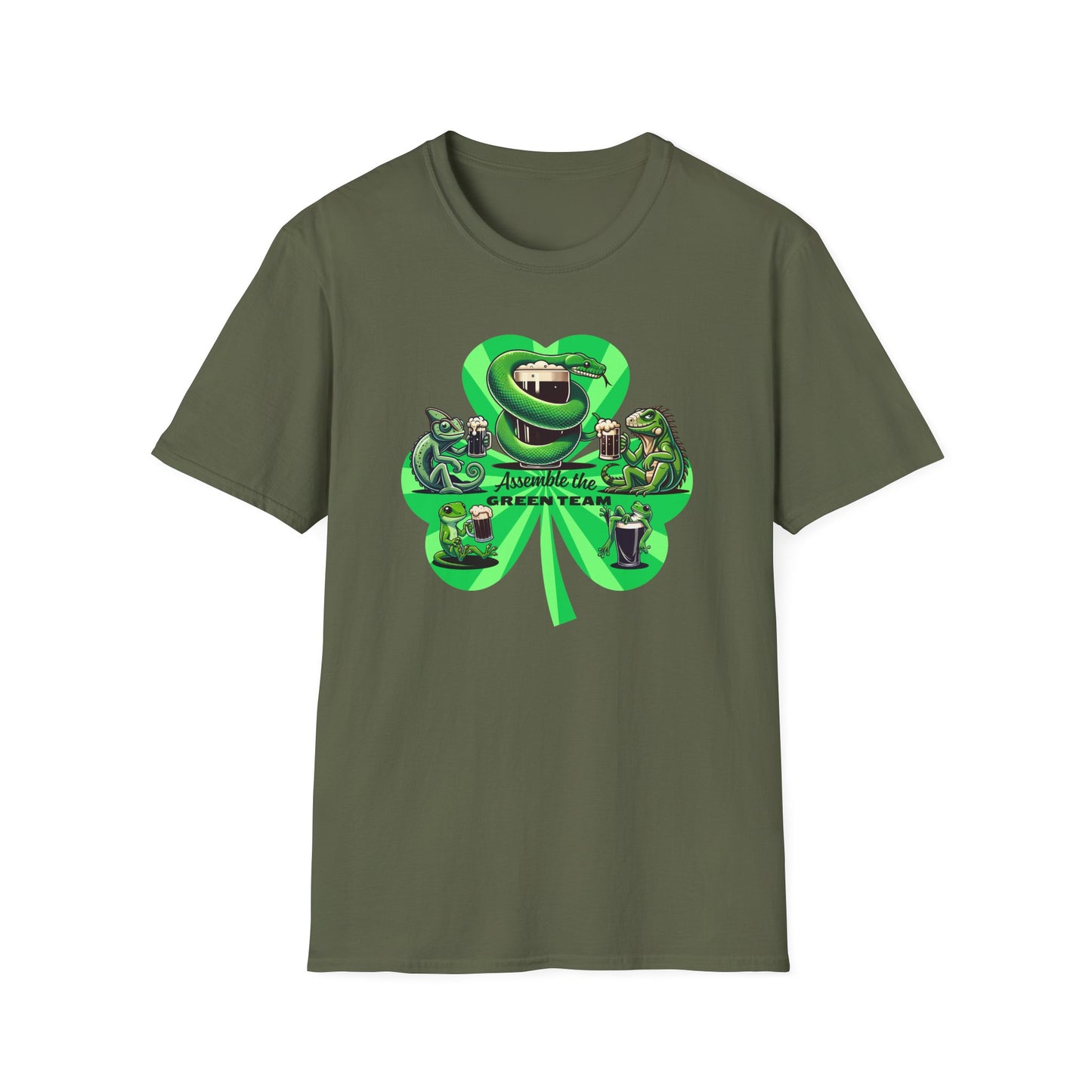 Green Reptiles St Patrick’s Day T-Shirt, Assemble The Green Team Shirt, Reptile Lover Tee, Frog Snake Lizard Party Shirt, St Paddy’s Day Tee