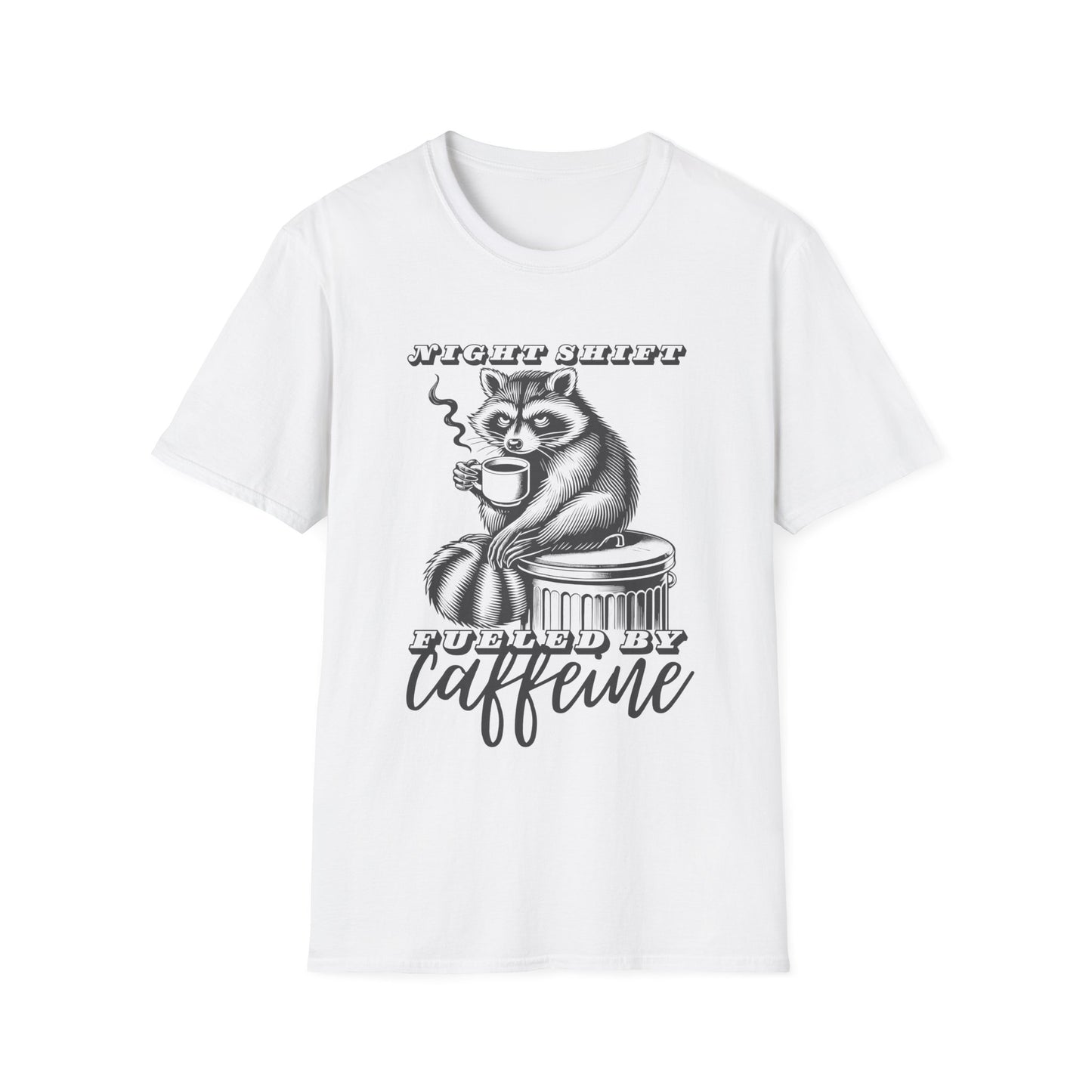 Night Shift T-Shirt – Fueled by Caffeine Raccoon Funny Coffee Lover Tee