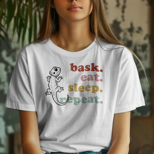 Bask Eat Sleep Repeat Bearded Dragon Unisex Softstyle T-Shirt | Reptile Tee | Gift for Reptile Lover | Pet Reptile