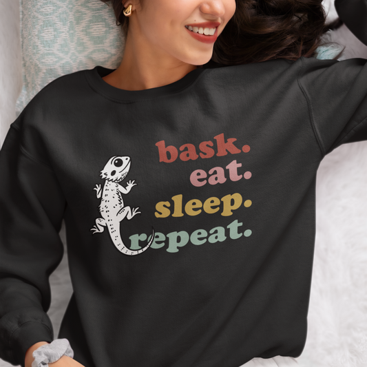 Bask Eat Sleep Repeat Bearded Dragon Unisex Crewneck Sweatshirt | Reptile Sweatshirt | Gift for Reptile Lover | Pet Reptile