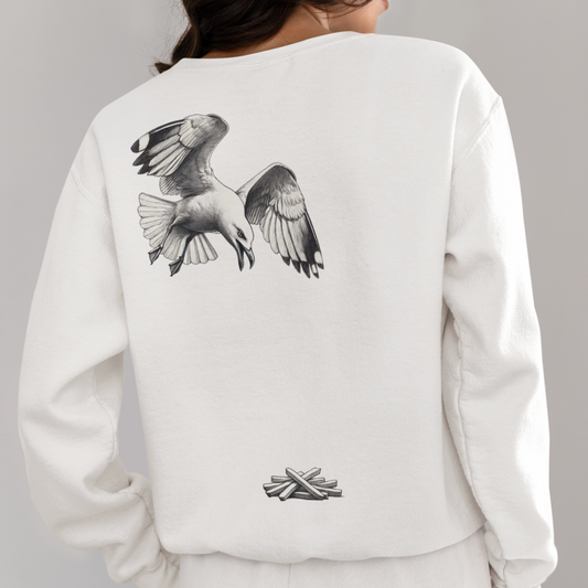 Seagull Chip Unisex Crewneck Sweatshirt, Retro Beach Jumper, Bird Lover Gift, Ocean Graphic Sweatshirt, Vintage Seaside Top